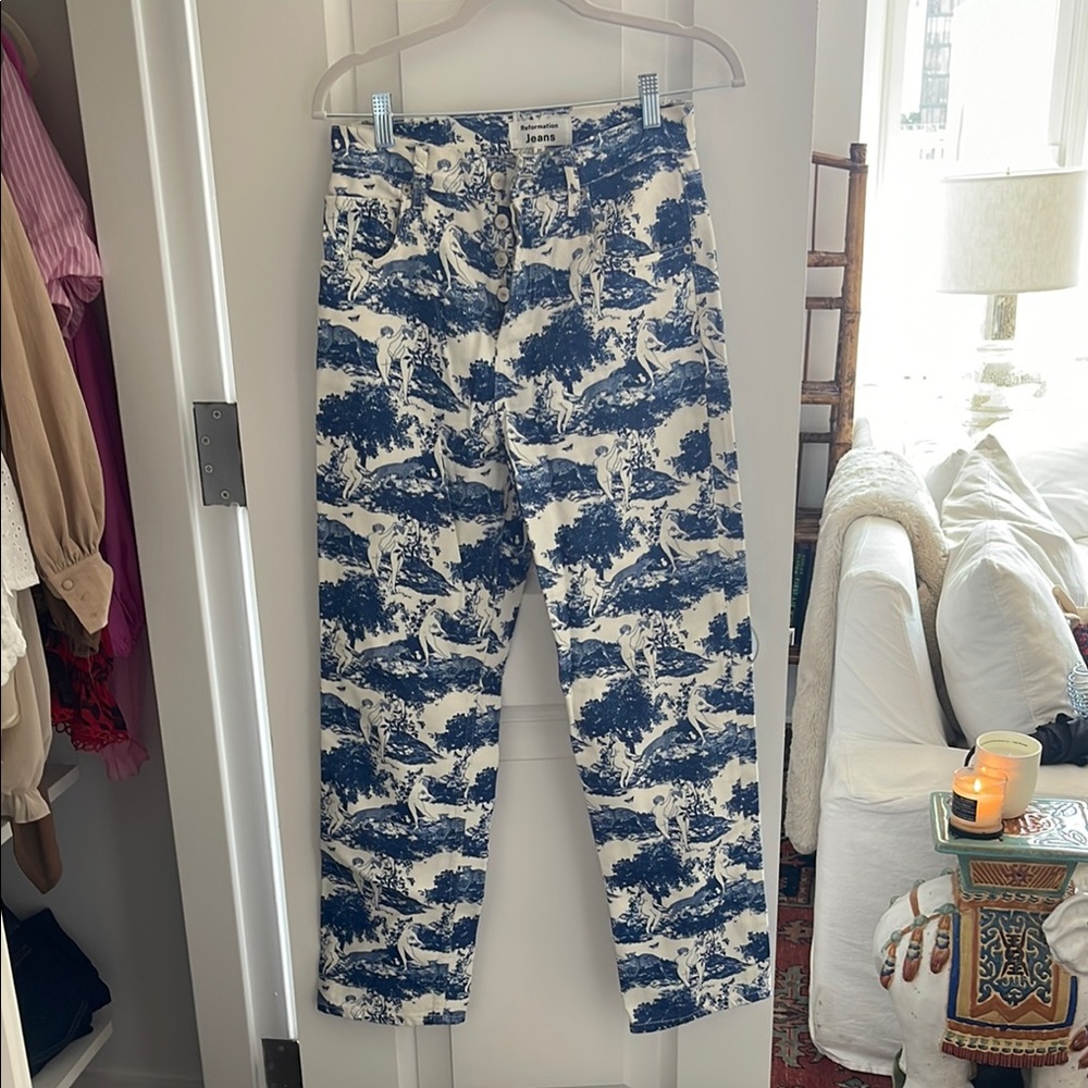 Reformation Blue and White Toile Print Jeans